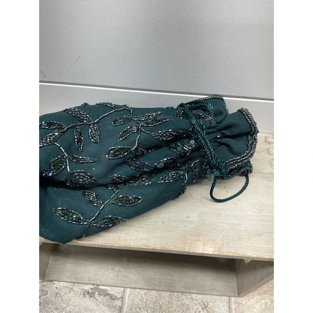 Accessorize Dark Green Beaded Leaf Drawstring Evening Pouch Bag Viscose